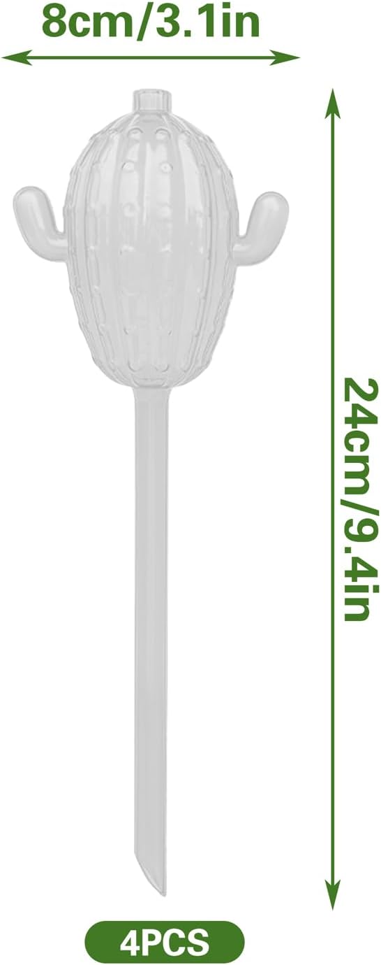 4 PCS Self Watering Spikes Devices, 3.38 oz (100 ml) Small Cactus Shape Plastic Watering Globes for Indoor & Outdoor Plants, Automatic Planter Waterer for Busy Individuals & Travelers (Green, Clear)
