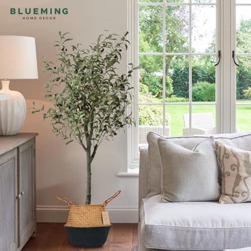 Plant Baskets – Seagrass Planters for Indoor Faux Olive Tree, Woven Wicker Rattan Pot for Boho Decor 9-10 Inch (Black Bottom, Twin Pack)