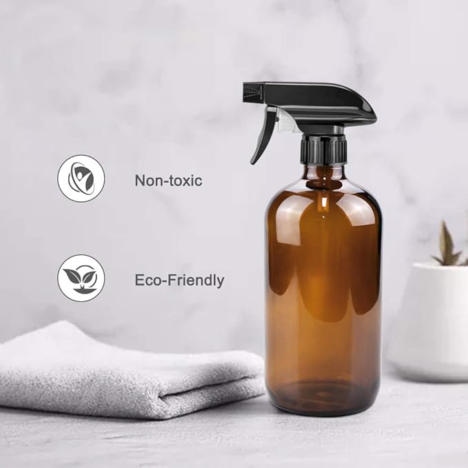 Worldgsb Glass Spray Bottles, 16oz Amber Glass Spray Bottles with Labels & Adjustable Nozzle, Reusable Containers for Cleaning, BBQ, Food, Plants, Alcohol, Essential Oils(3 Pack)