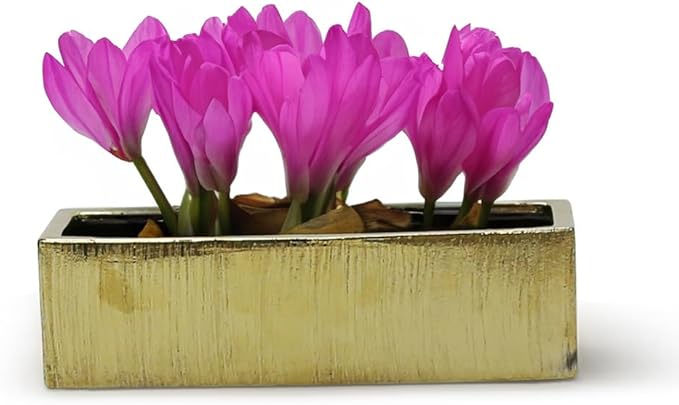 WGVI Long Rectangle Ceramic Planter Vase in Gold Etched 14" x 4" x 4"H, Rectangular Box Block Terrarium Pot, Flower Arrangement, Tabletop Centerpiece, Home Decor Organization Container, 4 Pcs.