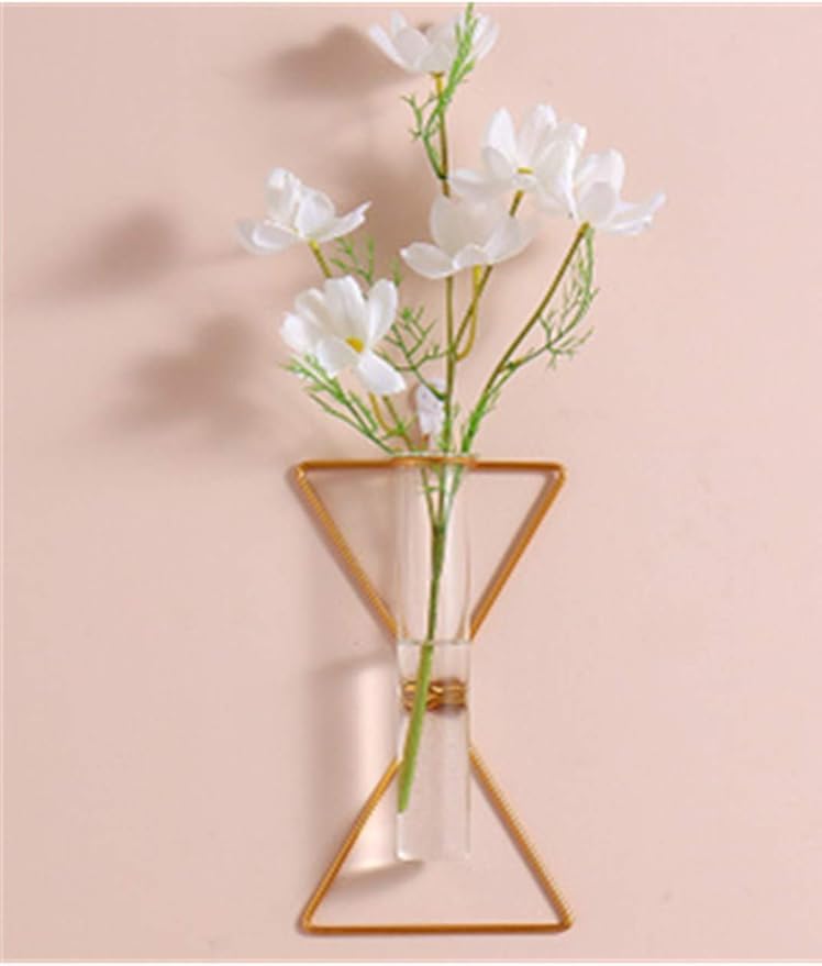Nordic Wall Vase,Gold Geometric Vase Hanging Hydroponic Planter,Wall-Mounted Metal Glass Tube Bud Vase Decorative for Centerpieces Wedding Home Decor(Gold 3)