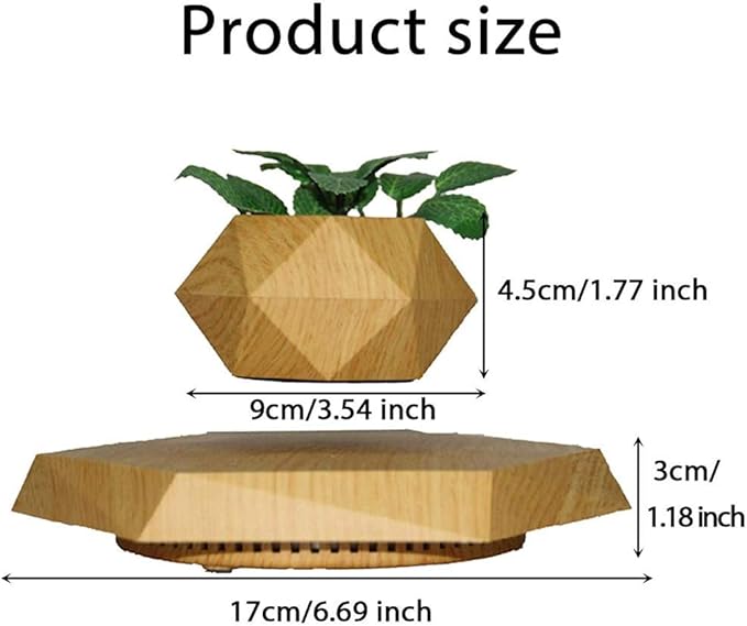Floating air plant pot, magnetic levitation pot air creative ornaments, hanging wood grain potted plant bonsai for office, reception, home