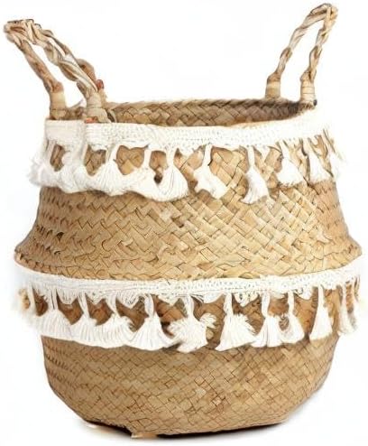Tassel Macrame Woven Seagrass Belly Basket for Storage, Decoration, Laundry, Picnic, Plant Basin Cover, Groceries and Toy Storage (Medium, Tassel)