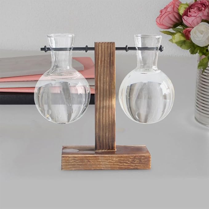 Milisten Hydroponic Glass Planter Vase Accessories with Wooden Stand Clear Borosilicate Glass Indoor Plant Pot Decor 3.94X2.75X2.75In Table Centerpiece Flowerpot