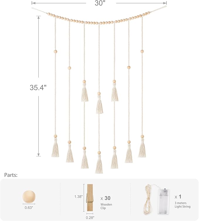 Mkono Macrame Hanging Photo Display Wall Decor with String Lights Boho Room Bedroom Wooden Beads Garland Picture Greeting Cards Holder with 30 Clips
