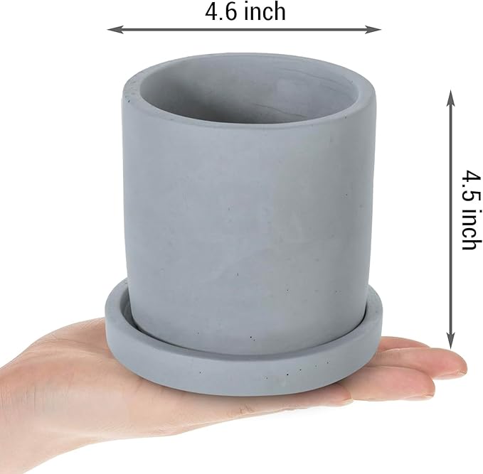 MyGift 4 Inch Unglazed Gray Concrete Planter, Cylindrical Cactus Herb Succulent Planter Pots with Removable Drainage Trays, Set of 4