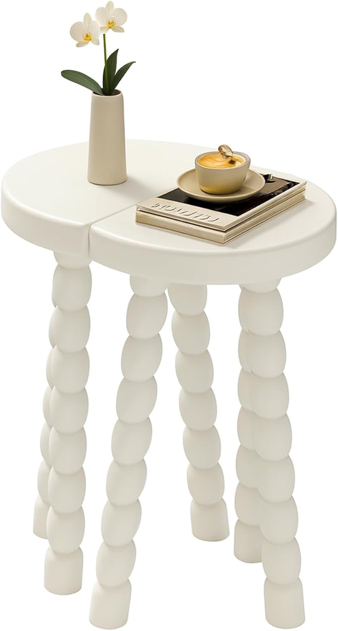 LitaEther Wooden Bobbin Side Table - Plant Stand - Half Round Table - Wooden Accent Stool- Minimalist Decorative Table for Bedroom, Hallway, Living Room (2, White)