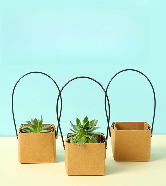Urier 40 Pieces Succulent Wraps Pot,3x3 Succulent Gift Box,Succulent Box,Succulent Party Favors,Gift Bags with Handles,Used for Gift Bags Kraft Paper Bag Party Favor Boxes (Brown)