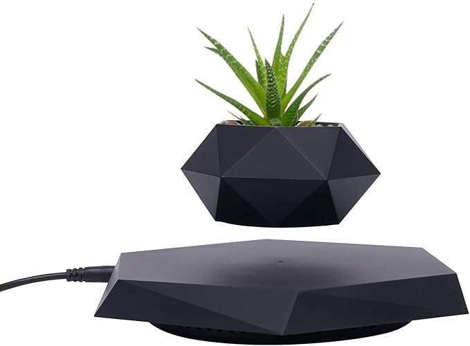 Floating Plant Pot for Small Plants, Magnetic Levitating Flower Pot Planter for Office Home Decoration, Black Hexagon Suspension Rotating Air Bonsai Planter Flower Pot