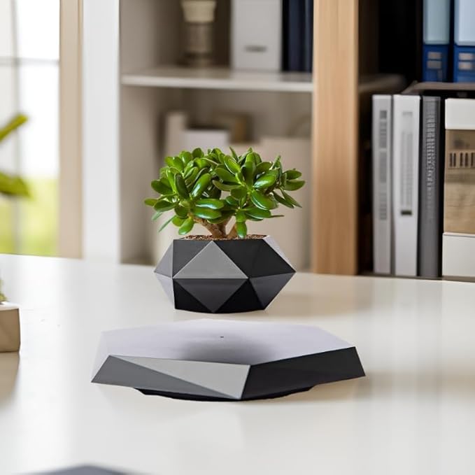 MOOCCI Levitating Plant Pot Floating Plant Potted Plant, Air Bonsai and Artificial Plants, Home Office Desk Decor, Gift for Easter, Mother's, Father's Day（Black