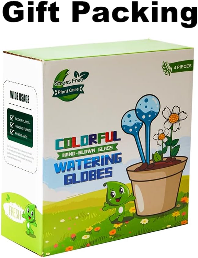 4 Pack Plant Watering Globes Indoor Colorful Hand-Blown Glass Self Watering Bulbs Decorative Design Plant Automatic Self Watering Spikes (Small Colorful)