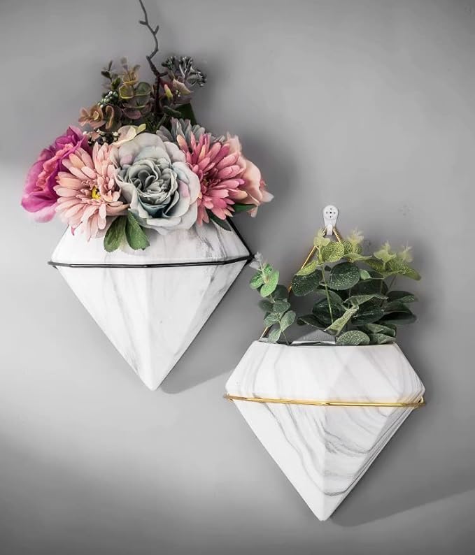 Diamond Wall Planters,Geometric Wall Flower Vases Set,Wall Mounted Plant Holder Vase,Ceramic Air Plants Hanging Holder Pots,Cactus Faux Plant Containers Modern Indoor Decor for Home Office (Black B)