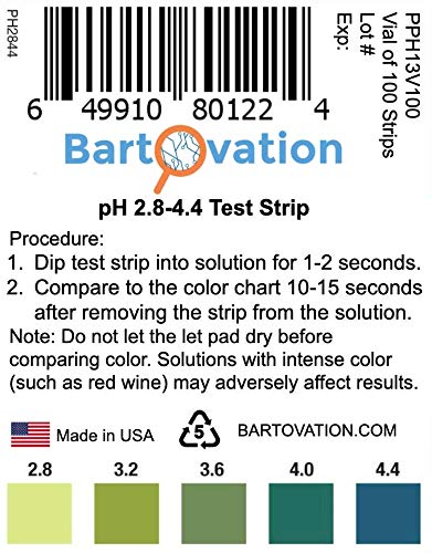 pH Test Strips for White Wine Making, Homebrew, Acidity, 2.8 to 4.4 pH [Vial of 100 Plastic Strips]