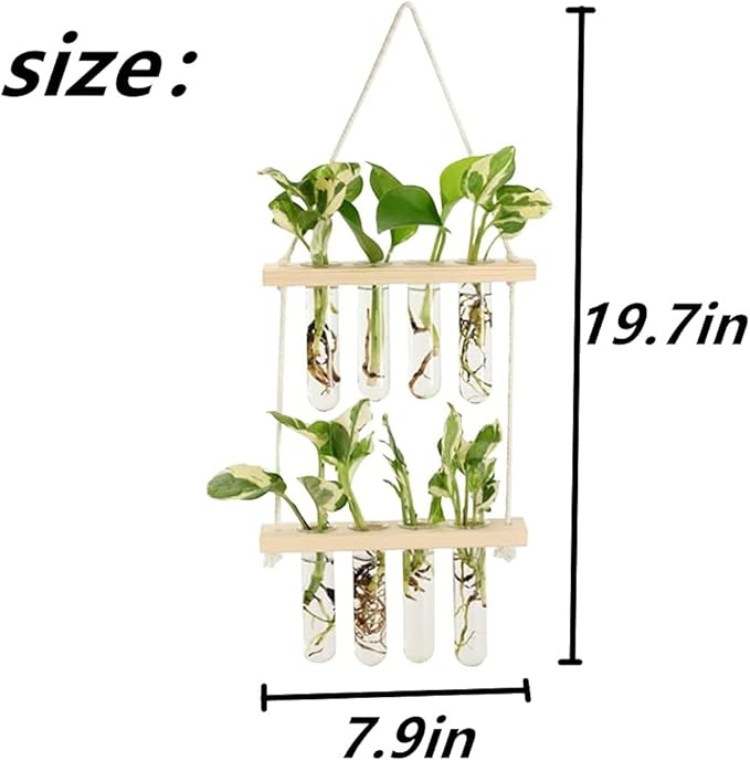 Wall Hanging Planter, 2 Tiered Plant Propagation Stations Plant Terrarium with Wooden Stand, Glass Planter Test Tube Vase for Propagating Hydroponic Plants Home Office Garden Decor (Wood Color)