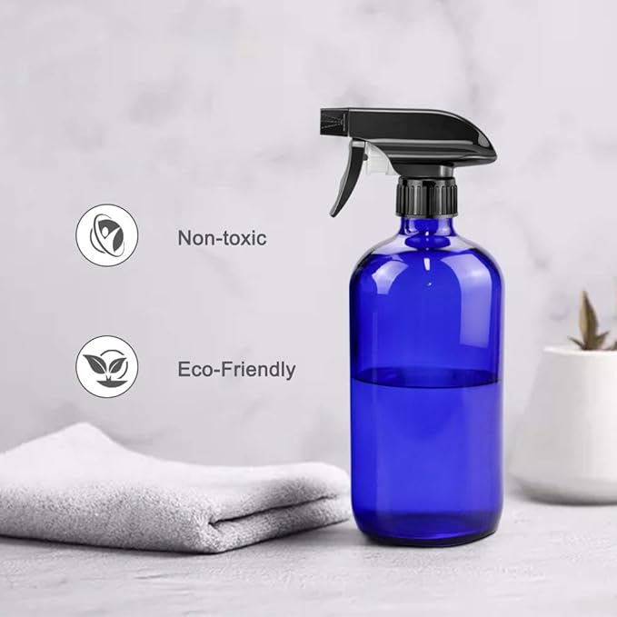 Worldgsb Glass Spray Bottles, 16oz Blue Glass Spray Bottles with Labels & Adjustable Nozzle, Reusable Containers for Cleaning, BBQ, Food, Plants, Alcohol, Essential Oils(3 Pack)