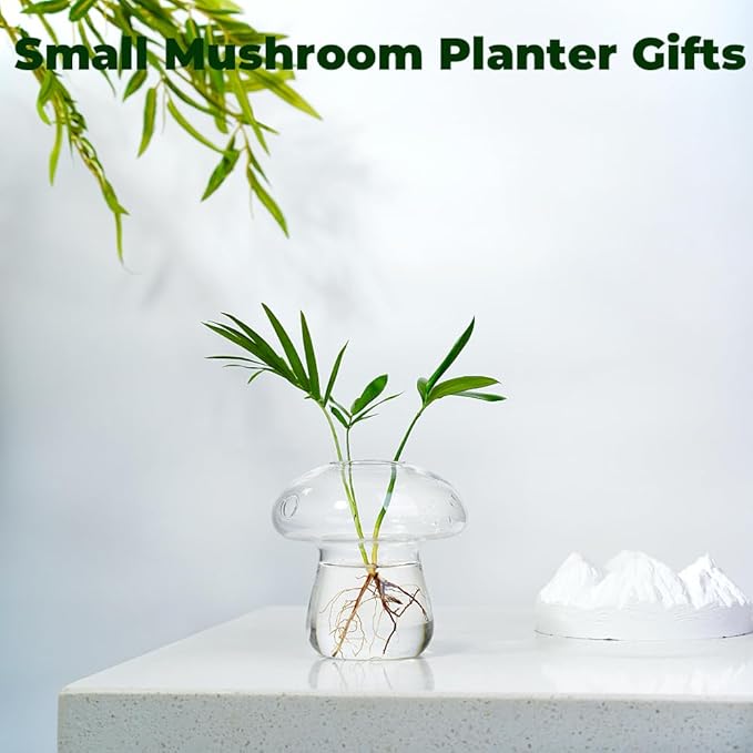 Wall Hanging Mushroom Vase, Small Plant Propagation Stations Cute Mushroom Glass Planter Terrarium Indoor Hydroponic Flower Holder for Elegant Home Decor Gifts, Clear, 2 PCS