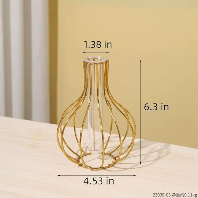 Table Flower Vases,Gold Geometric Metal Frame Clear Glass Tube Bud Vase Hydroponic Plants,Bulb-Shaped Design,Gold Vase Decorative for Fridge,Window,Home,Party(gold 10)