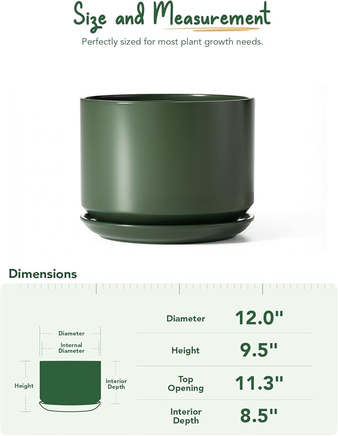 LE TAUCI 12 Inch Pots for Plants, Ceramic Plant Pots with Drainage Holes and Saucers, Elegant and Durable Large Plant Pot, Perfect for Home & Office Decor, Green