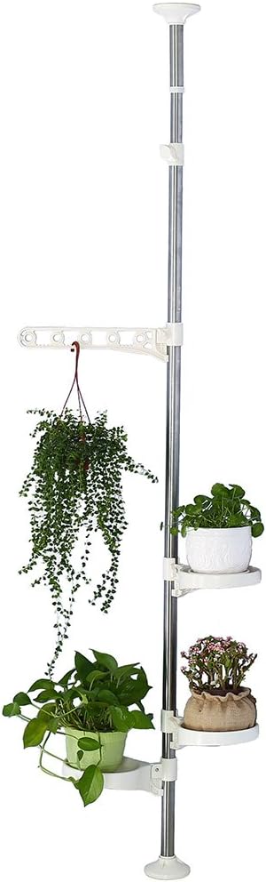 BAOYOUNI Indoor Plant Pole Stand Tension Rod Hanger Window Sill Flower Display Rack Holder Adjustable Corner Vertical Storage Organizer with 3 Trays & 1 Arm for Counter Top, Ivory