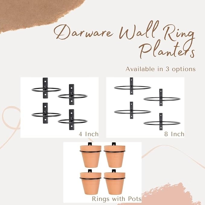 Darware Metal Wall Ring Planters with Pots (4-Pack, 8-Piece Set); Wall Mounted Clay Pots with Holders for Plants and Flowers