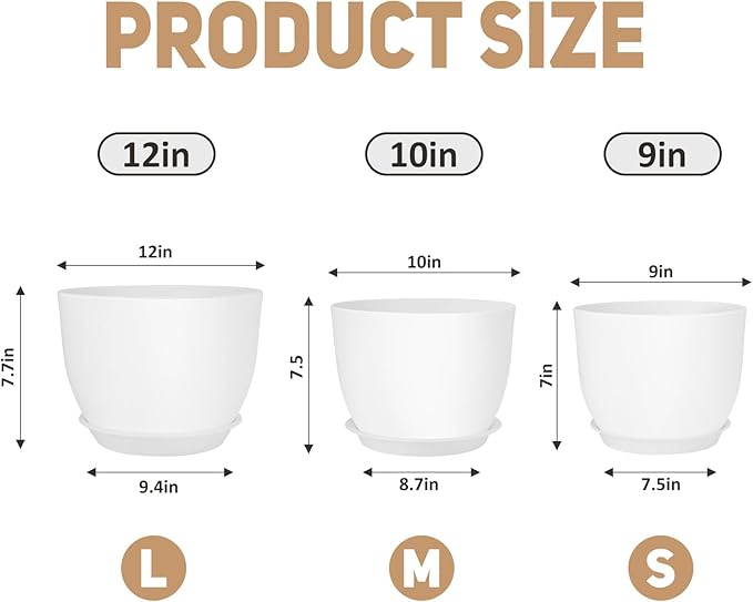 YNNICO Plant Pots 12/10/9 inch Set of 3, Flower Pots with Multi Mesh Drainage Holes, Large Planters for Indoor Outdoor Garden Plants and Flowers. (White)