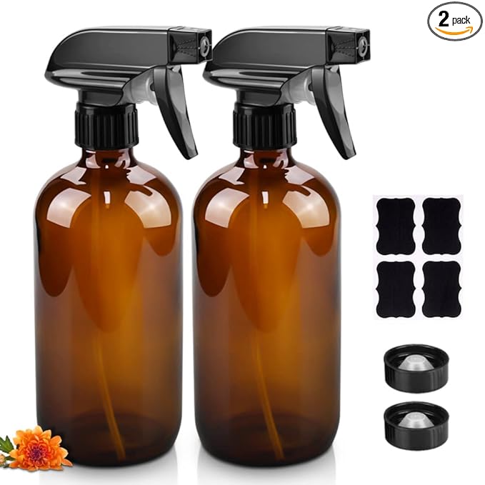 Worldgsb Glass Spray Bottles, 16oz Refillable Containers, Empty Boston Round Bottles with Labels & Adjustable Nozzle for Cleaning, Gardening, Aromatherapy, Pets, Plant, Hair -Amber (2 Pack)