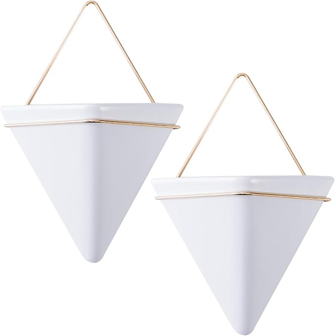 Wall Plant Holder Hanging Planter, 2PCS Geometric Triangle Wall Plant Holder, Ceramic Wall Mounted Plant Holder, for Succulent, Faux Plants, Home, White