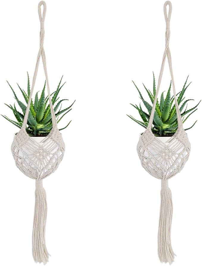 2 Pack 90CM (35inch) Extra Long Macrame Plant Hangers, up to 8 inch Pot Hanging Planter with Patterns, Premium Cotton Rope Crochet Boho Hanging Planter Basket for Indoor & Outdoor Plants(Off-white)