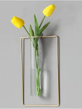 Nordic Wall Vase,Gold Geometric Vase Hanging Hydroponic Planter,Wall-Mounted Metal Glass Tube Bud Vase Decorative for Centerpieces Wedding Home Decor(Gold 1)