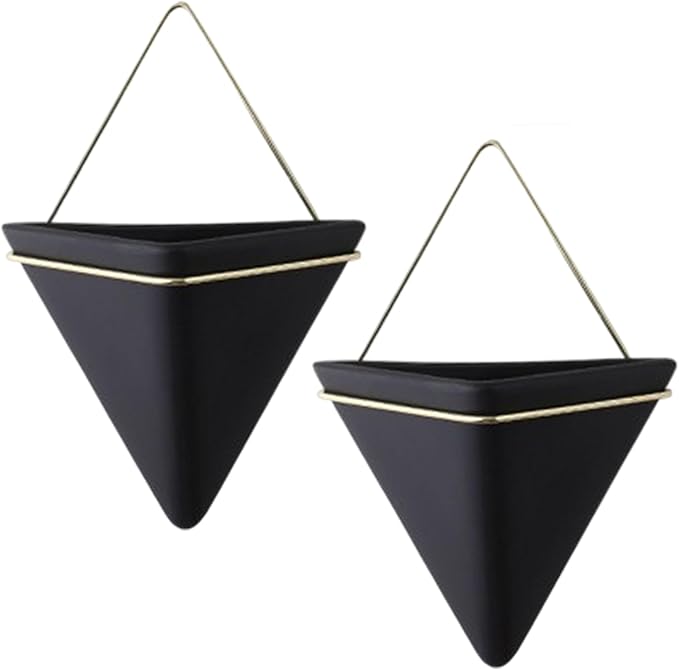 Black Wall Planter, 2Pcs Wall Planter for Indoor Plants, Ceramic Hanging with Metal Frame Geometric Decor for Air Plant Mini Cactus Faux Plants
