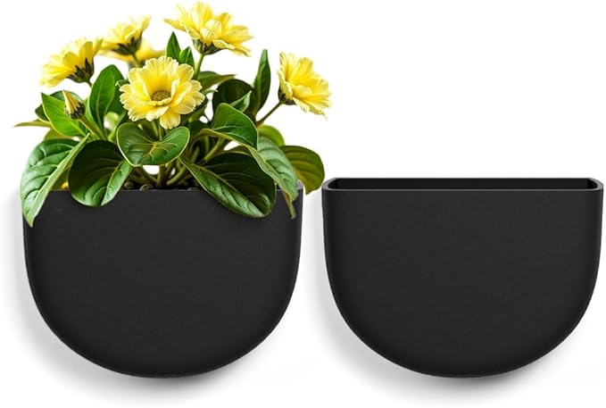 Asnext 2 Pack Wall Hanging Planter Pots for Indoor and Outdoor Plants, 7 Inch Half-Moon-Shaped Plastic Wall Planter, Wall Mounted Succulent Planters (Black)