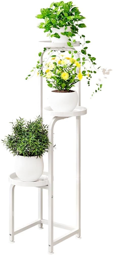 INGIORDAR Plant Stand Indoor Outdoor 3 Tier Metal Plant Shelf for Multiple Plants Corner Flower Holders for Living Room Balcony Bedroom Patio Garden, Black (White, 3-Tier)