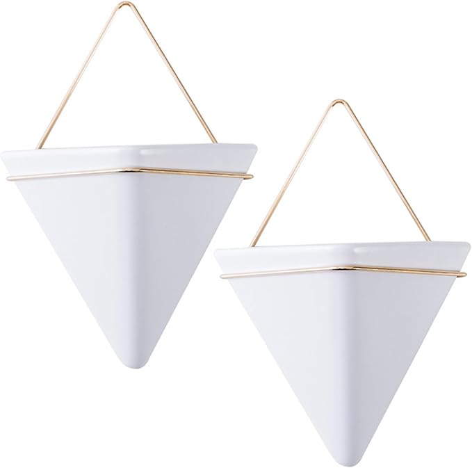 Flower Pots, Hanging Planter, 2PCS Geometric Triangle Wall Plant Holder, Ceramic Wall Mounted Plant Holder, for Succulent, Faux Plants, Home and Office Decor, White