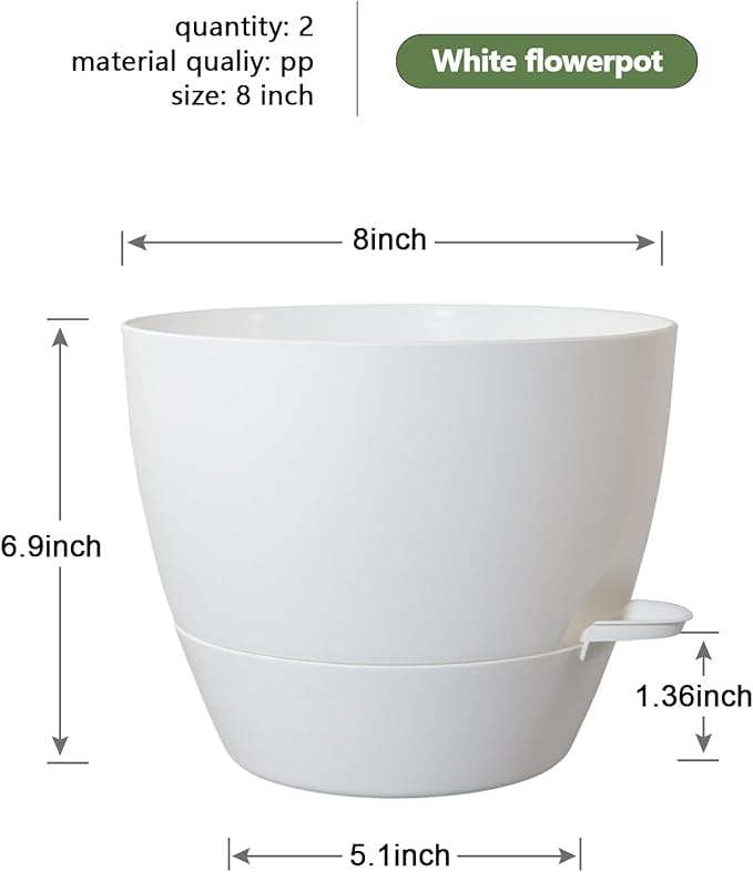 WSMKSZ 8 inch Self Watering Pots, Planter, Plant Pots with Mesh Drainage Holes for Indoor Outdoor House Plants and Garden, 2 Pack Plastic Flower Pots with Deep Reservoir for Patio Porch, White