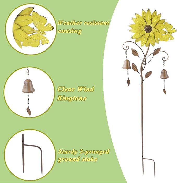HLQMFHT Sunflower Garden Stake with Bells, Decorative Garden Stakes for Garden Yard Patio Decor
