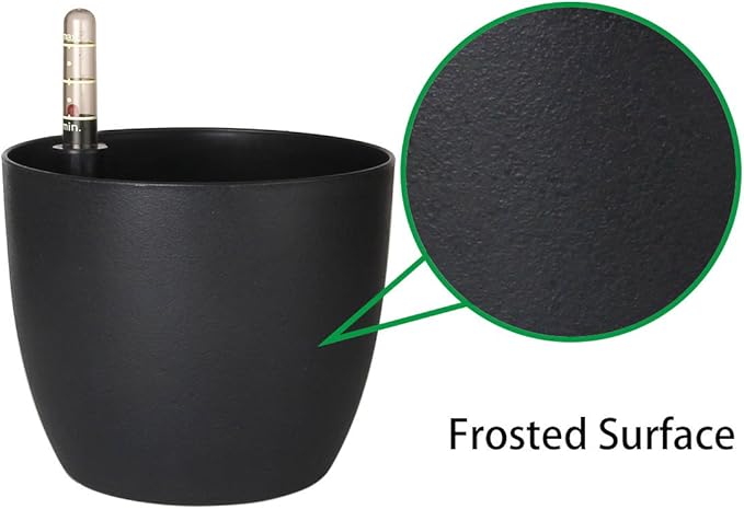 T4U 7 Inch Plastic Self Watering Planter with Water Level Indicator Black Set of 4, Modern Decorative Planter Pot for All House Plants, Flowers, Herbs, African Violets, Succulents