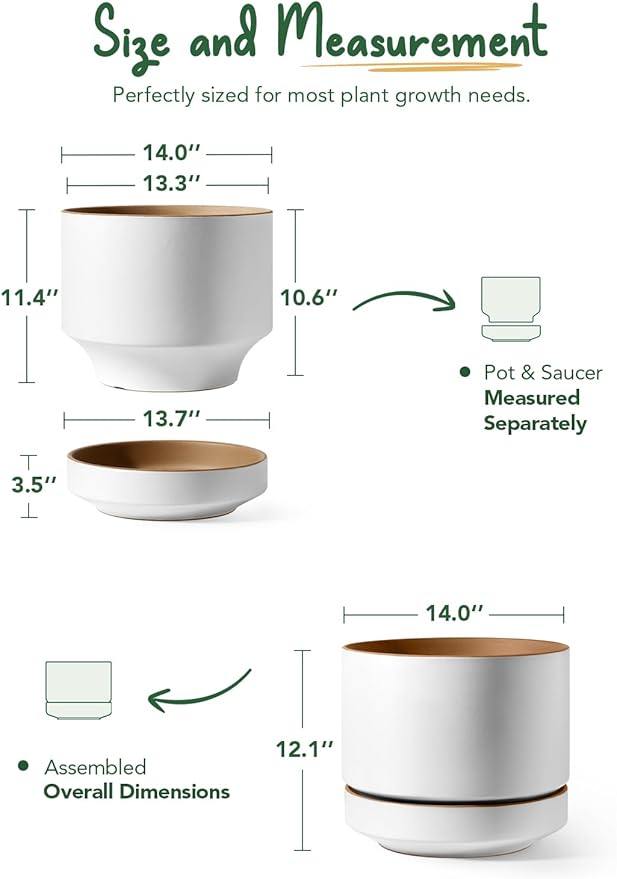 LE TAUCI 14 Inch Large Plant Pot with Saucer, Ceramic Outdoor & Indoor Big Planter with Drainage Hole, Mesh Pad Included, Matte Glazed Outside, Modern for Home and Patio, Alpine White & Ochre
