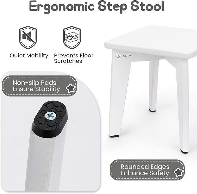 StrongTek Bamboo Step Stool for Kids and Adults, Sturdy and Versatile Short Foot Stool for Bathroom, Kitchen, Bedroom, Compact 10-inch Small Wood Stool, Plant Stand (White)