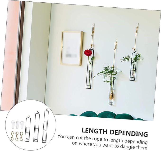 Hanging Glass Hydroponic Vase Set 3pcs with Test Tubes and Iron Frames, Wall-Mounted Plant Propagation Station for Home Décor and Garden Display, Includes 3 Hemp Ropes and 3