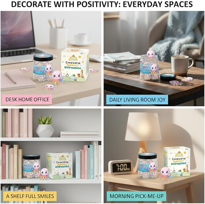 Positive Octopus Jar with 60 Daily Affirmation Cards, Emotional Support Octopus Decor, Inspiring Gift for Women and Men, Cute Motivational Desk Jar Offering Encouragement for Friends or Coworkers