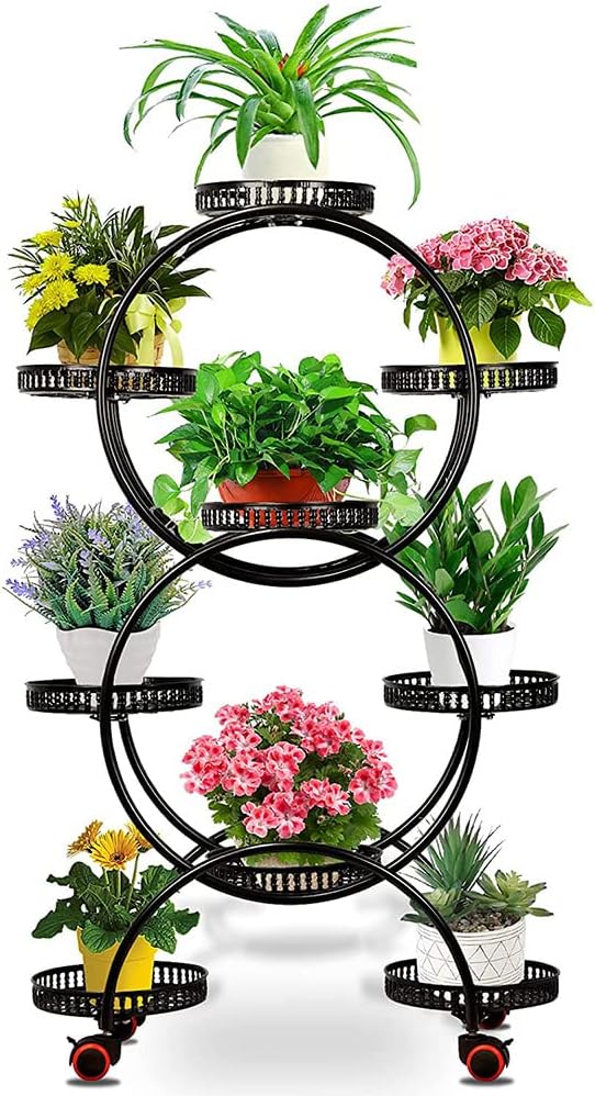 6 Tier Metal Plant Stand Indoor/Outdoor Multiple Flower Pot Holder Shelf with 9 Round Trays, Flower Pot Stand Plant Rack for Patio Living Room Corner Balcony, Black