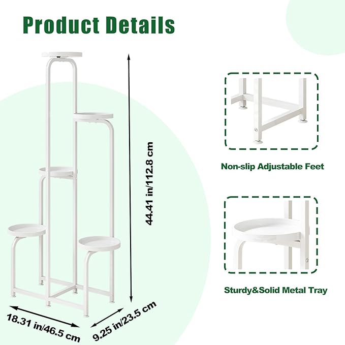 INGIORDAR Plant Stand Indoor Outdoor 5 Tier Metal Plant Shelf for Multiple Plants Corner Flower Holders for Living Room Balcony Bedroom Patio Garden, Black (White, 5-Tier)