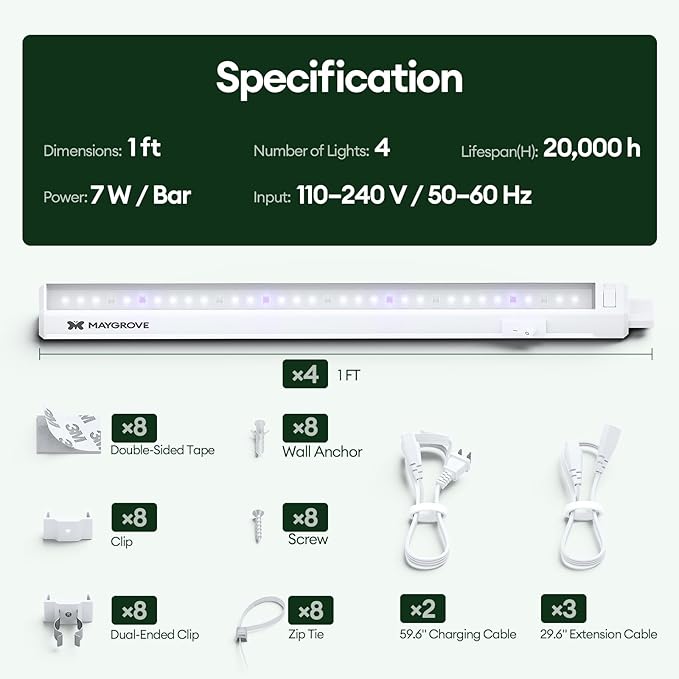 Maygrove Grow Lights for Indoor Plants, Tunable Spectrum 1FT LED Growing Lamp 28W (4 x 7W), T5 Grow Light Strip for Seed Starting, Vegetables, Linkable, White, 4-Pack