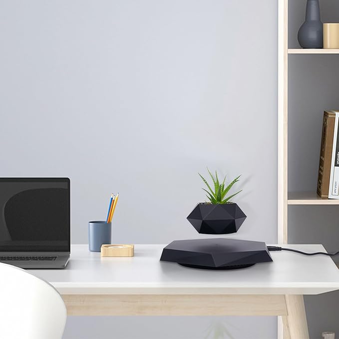 Levitating Plant Pot Magnetic Levitation Suspension Floating Pot，Floating Plant Pot for Small Plants，360 Degree Rotation Planter，Potted Plant for Home, Office & Desk Levitating,Black