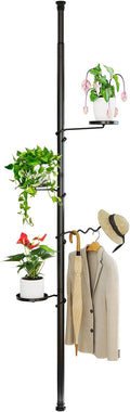 BAOYOUNI 4 Tier Indoor Plant Pole Stand Tension Rod Adjustable Flower Display Rack Spring Loaded Floral Hanger Storage Shelf with 3 Trays & 1 Wave Hook , Black (3 Trays & 1 Wave Hook, 4 Tier)