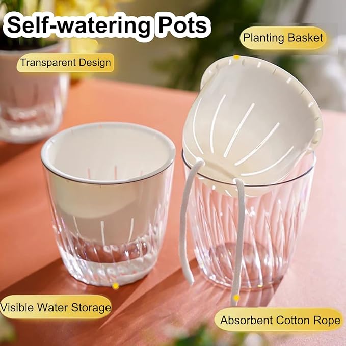 4 Pack 4 Inch Self Watering Pots for Indoor Plants, Self Watering Planter with Reservoir and Wick Rope, Clear Flower Plant Pots for African Violets,Succulents,Herbs,Cactus,Orchids