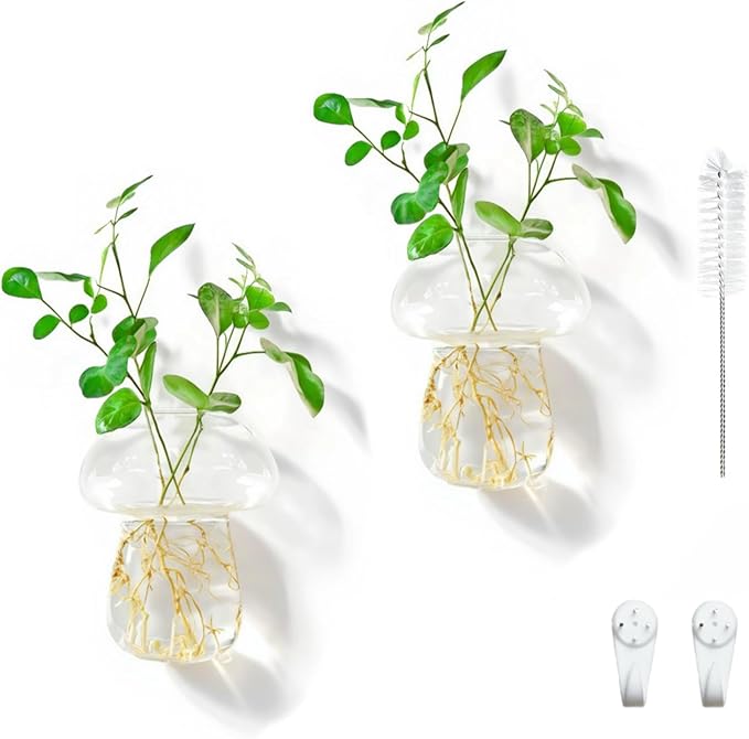 Wall Hanging Mushroom Vase, Small Plant Propagation Stations Cute Mushroom Glass Planter Terrarium Indoor Hydroponic Flower Holder for Elegant Home Decor Gifts, Clear, 2 PCS