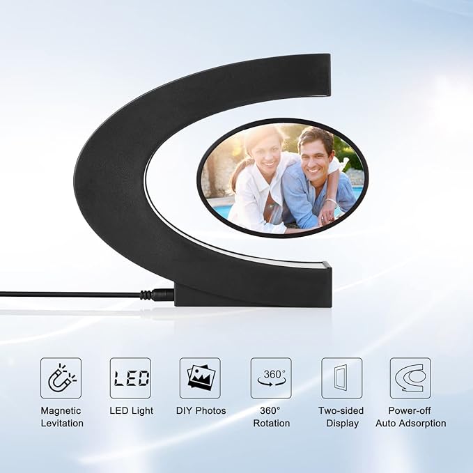 Magnetic Levitating Floating Photo Frame with Colourful LED Light Rotating Levitation Picture Frame Display for Room Decor, Creative Gifts (C-Shaped)