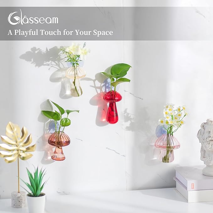 Glasseam Window Propagation Stations, 4Pcs Colored Mushroom Propagation Vases with Suckion Cups, Glass Wall Hanging Planter Terrariums for Flowers, Cute Indoor Small Plant Holder Gifts for Women