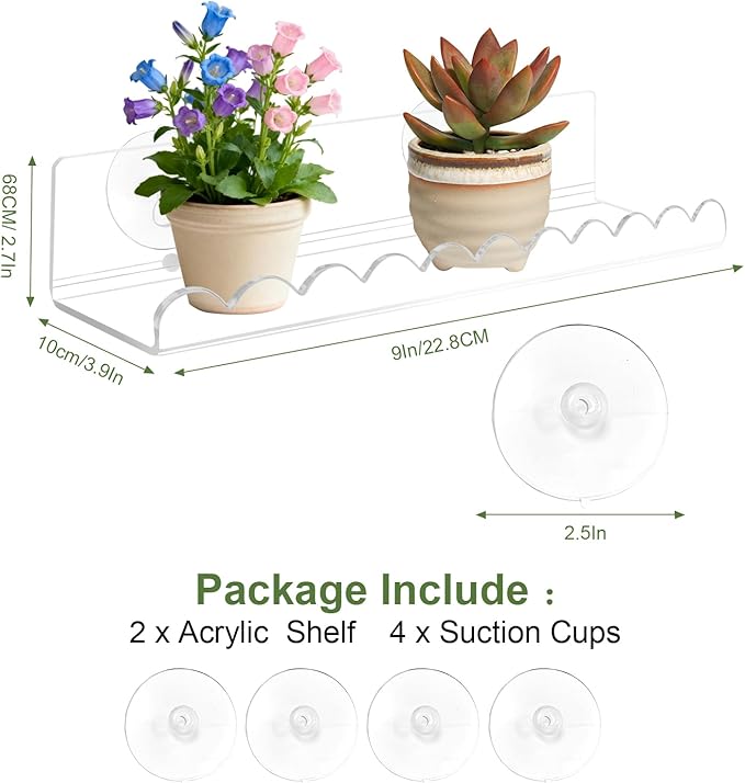 2 Pack Suction Cup Shelves, 9 Inch Window Plant Shelf, No Drilling Indoor Suction Cup Wall Shelf, Acrylic Window Plant Shelves for Indoor Plants